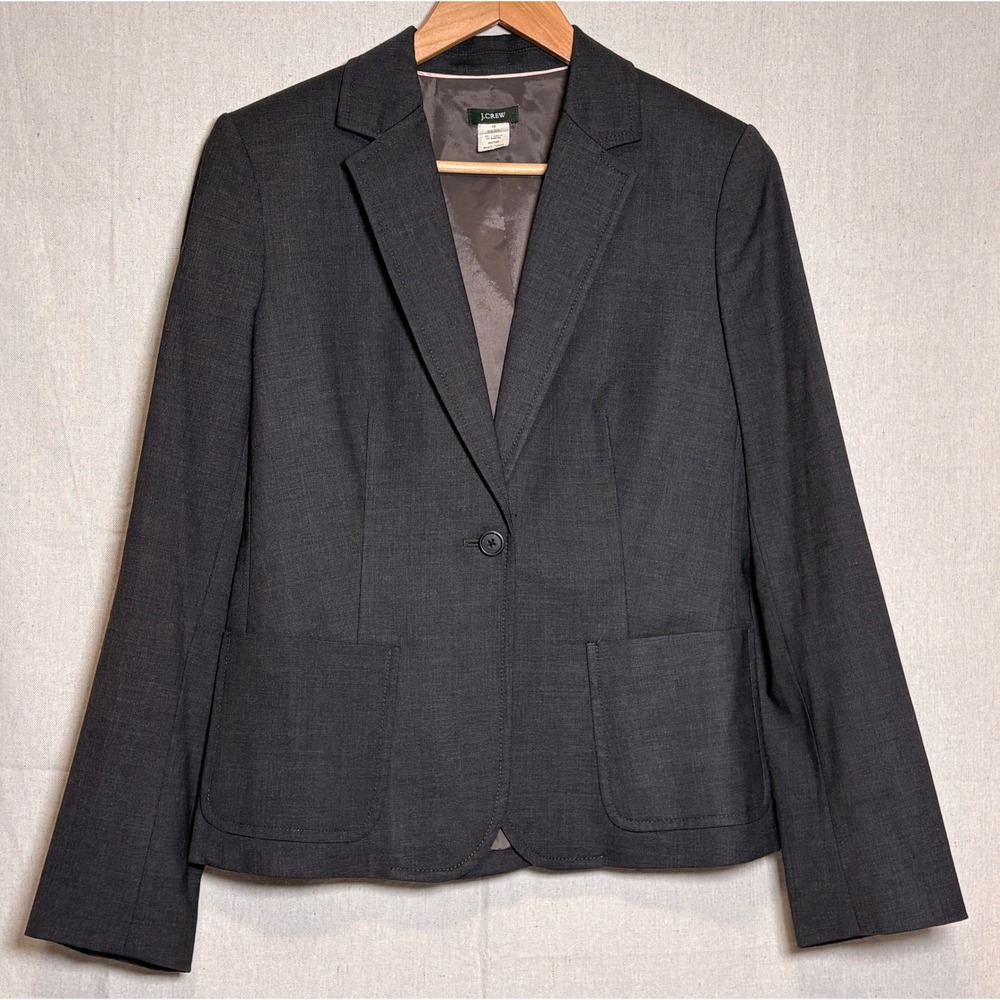 Vintage J.Crew‎ Womens Charcoal Gray Wool Blend One Button Blazer Jacket Size 10